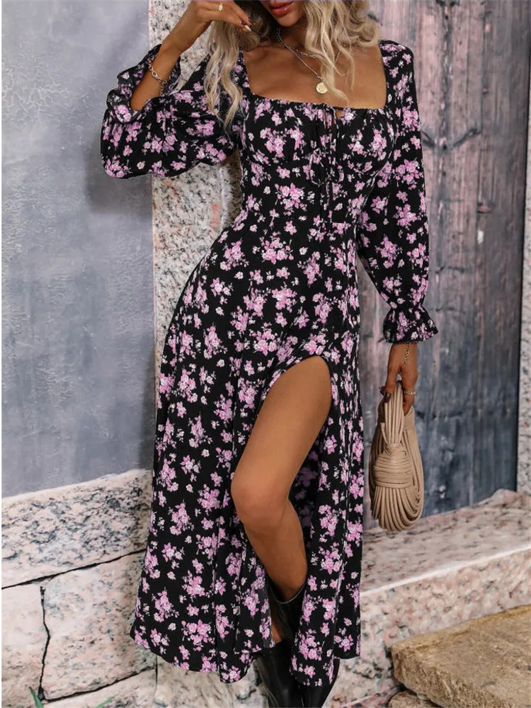 Msfilia Fashion Printed Full Sleeve Backless Bohemian Dress Women\'s Spring Summer Long Dresses