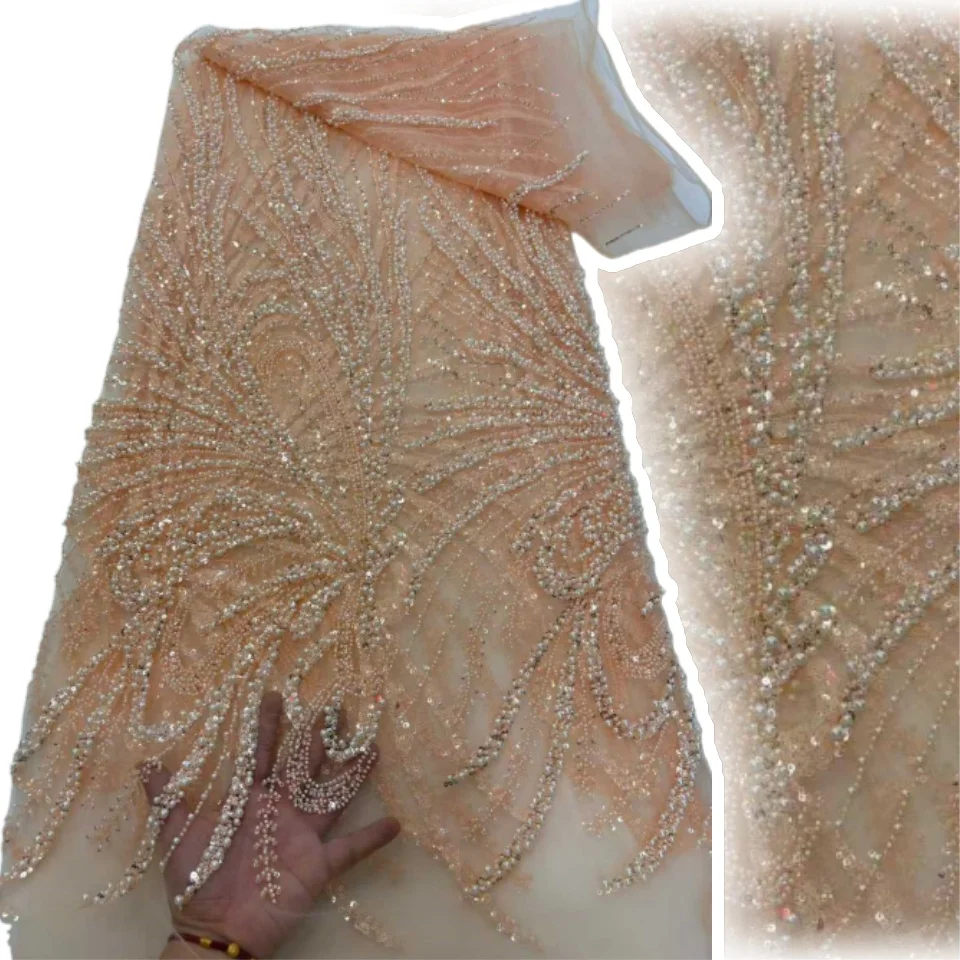 

Африканская тяжелая кружевная ткань с бисером, 2024, свадебный материал, ткань высокого качества, французский тюль с блестками, кружево для свадебного платья T1692