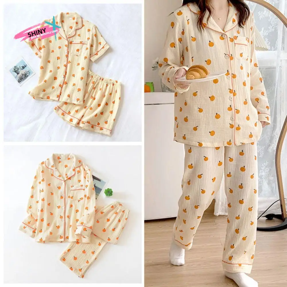 

Fashion V-neck Fruits Pajamas Suit Loose Sweet Orange Nightdress Set Homewear Short-sleeves Two Piece Nightwear Short Style
