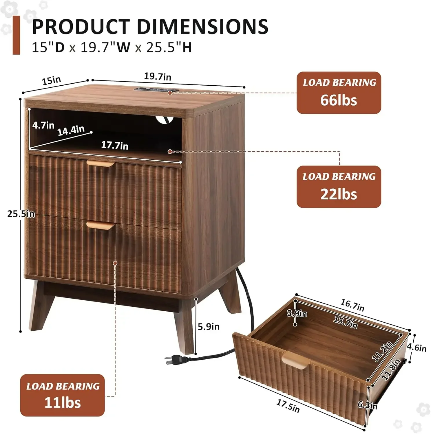 Fluted Nightstand Charging Station 197 Inch Wide End Table Two Drawers Modern Wood Bedside Table Bedroom Brown One Piece