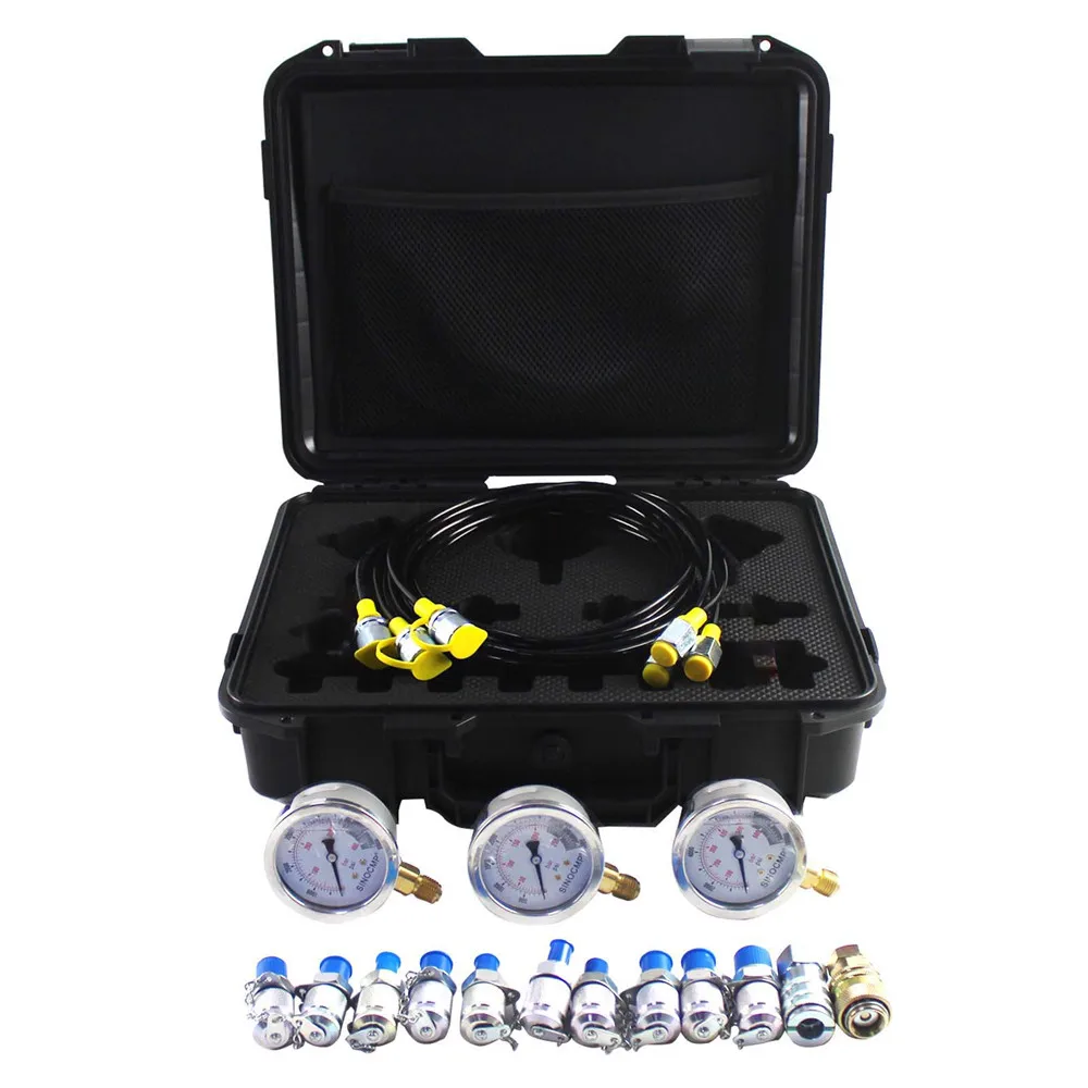 Hydraulic Pressure Test Kit w / 3x Test Gauges 25Mpa/40Mpa/60Mpa, 3x Test Hose and 12x Test Couplings for Excavator