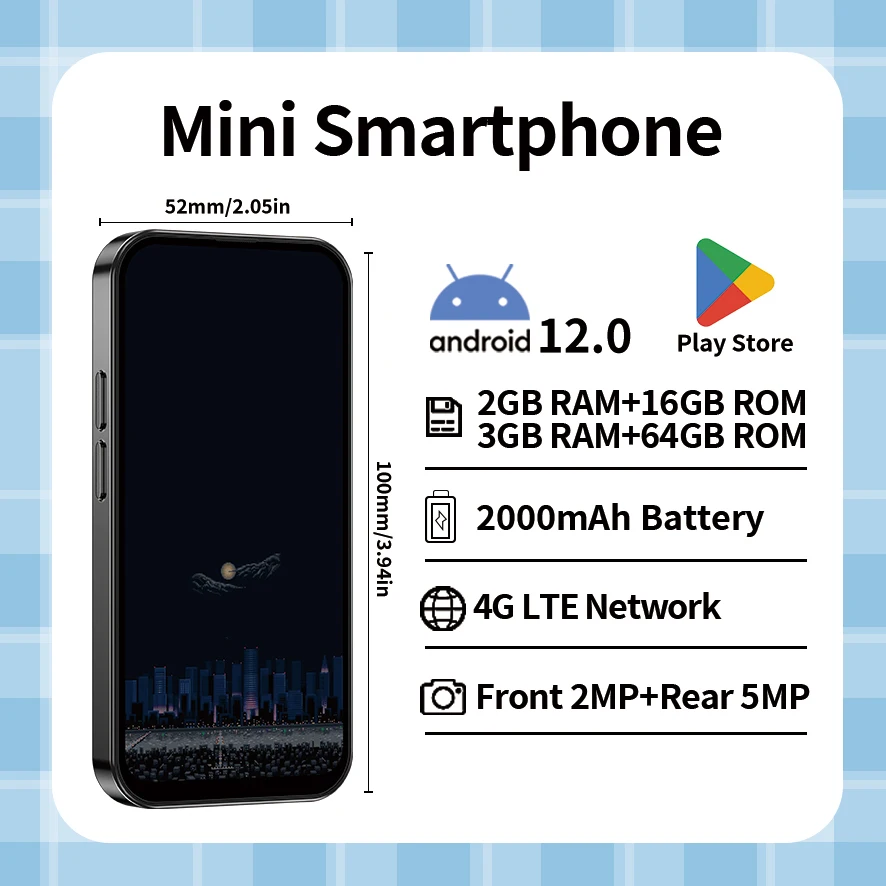 ONEMYTH M17 Pro 4-inch 3GB+64GB Android 12.0 dual SIM 4G mini smartphone 2000mAh WiFi for children and the elderly
