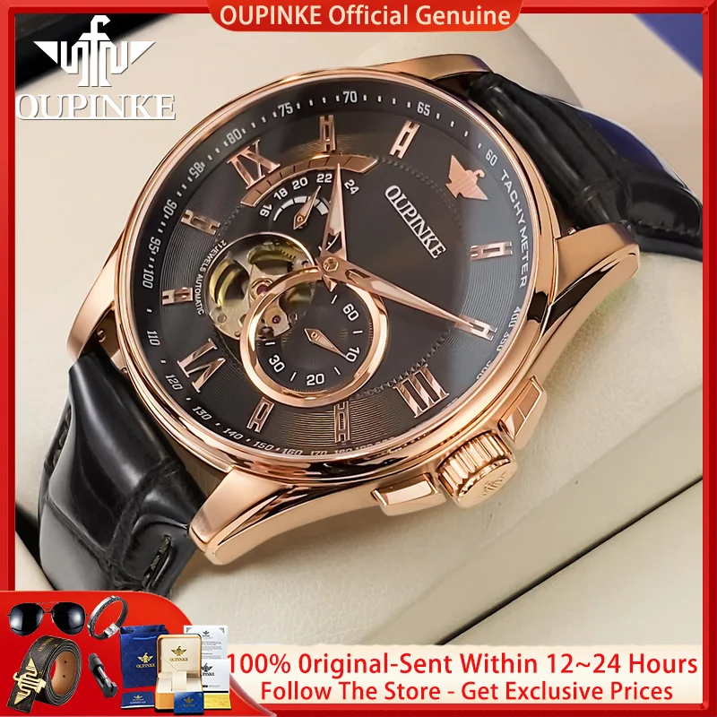 OUPINKE 3222 Original Luxury Men Watch Leather Strap 3D Hollow Chronograph Sapphire Top Brand All Automatic Men Mechanical Watch