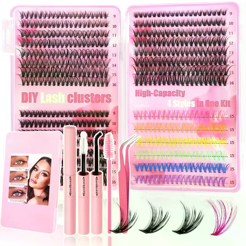 Lash Clusters Set Colorful False Eyelashes Extensions Kit with Bond and Seal, Simulation Grafted Lashes for DIY Makeup Supplies