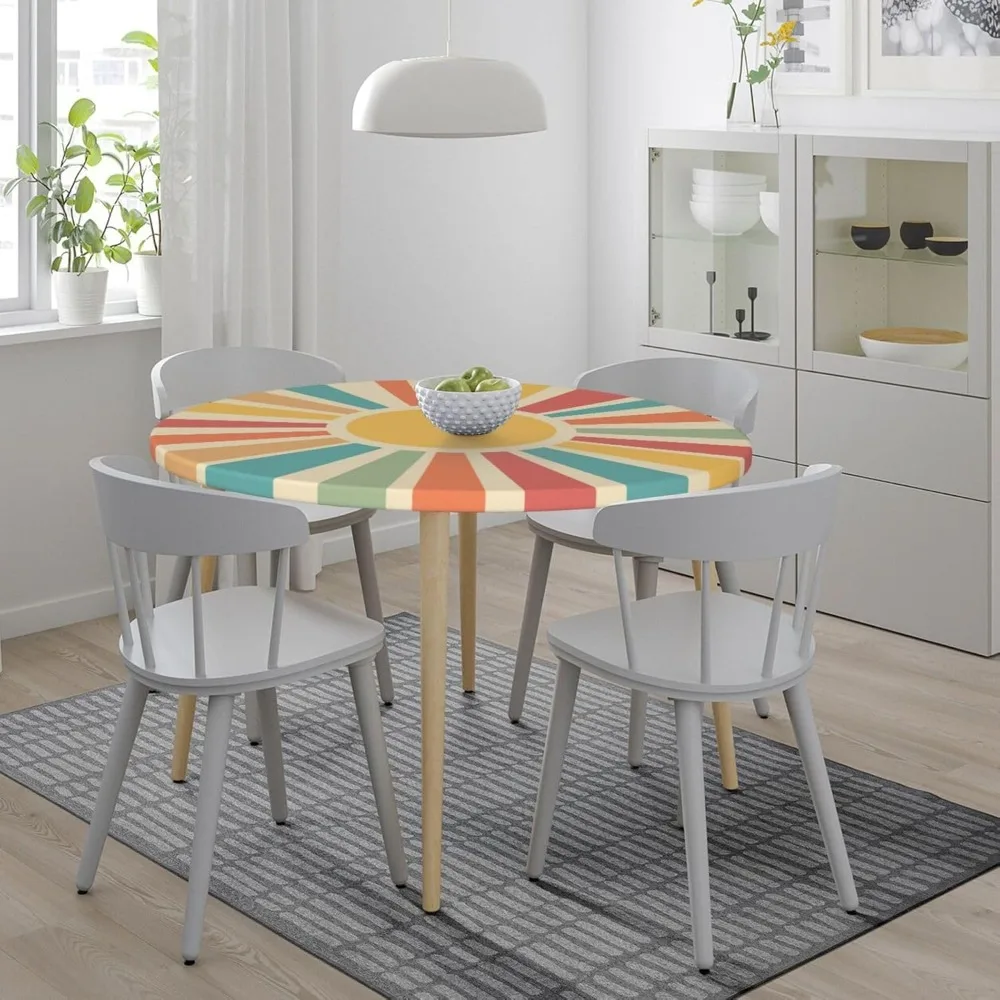 Round Table Cloth Boho Rainbow Sun Tablecloth Elastic Edge Fitted Table Cover Fits Tables Up to 40