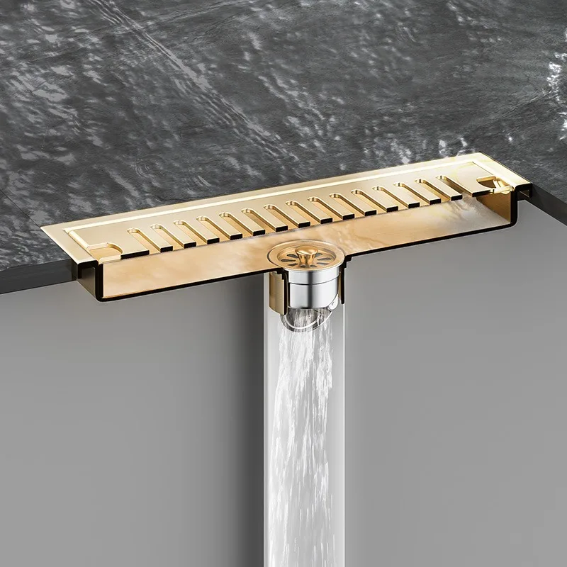 Large Displacement 304 Stainless Steel Floor Drain, Golden Long Strip Anti Odor Shower Room, Balcony, Rectangular Bathroom