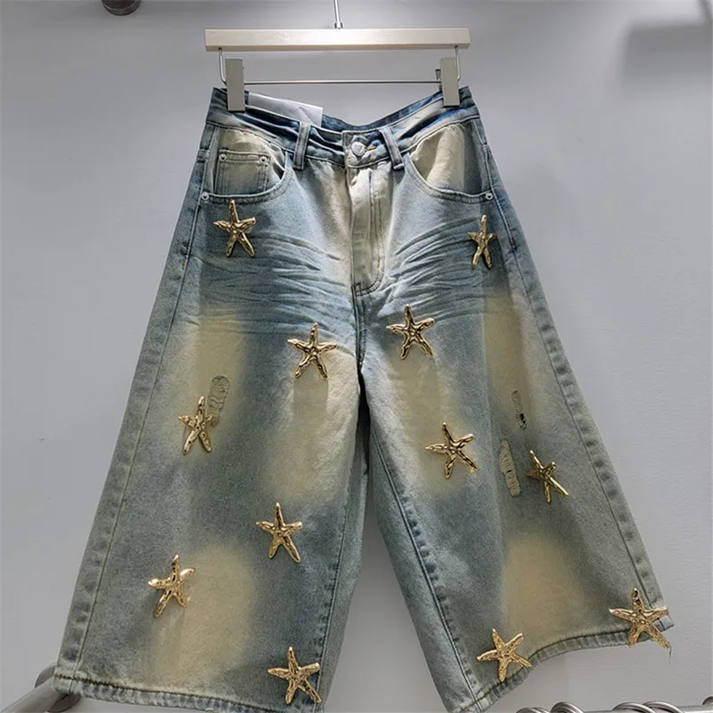 

Винтажные джинсовые шорты с эффектом потертости и металлическими звездами, женские летние джинсы-капри с высокой талией и широкими штанинами