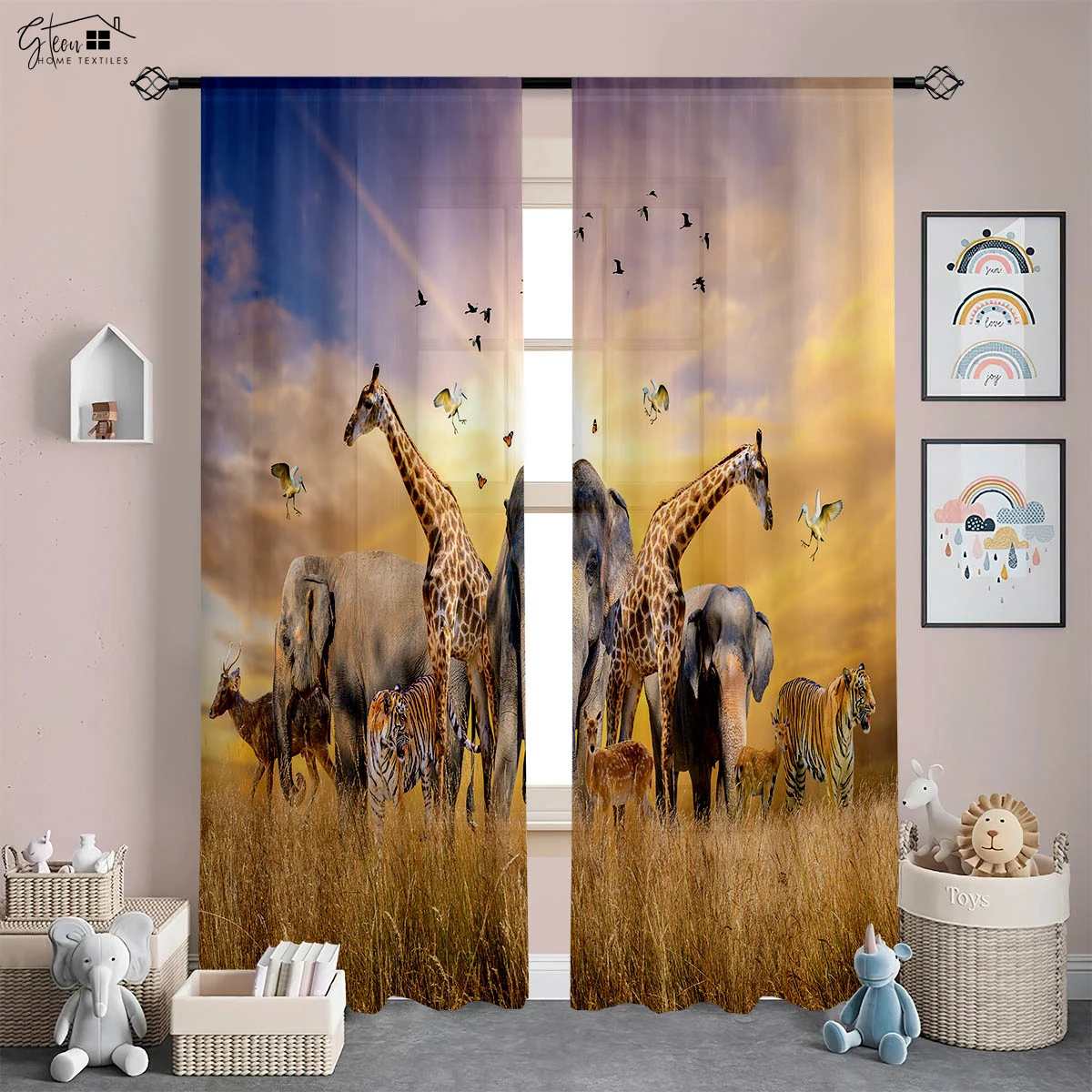 Animal 3D Printed Curtains Giraffe Elephant Tiger Lion Leopard Zebra Crane Deer Fox Dog Cat Children Children Printed Curtains