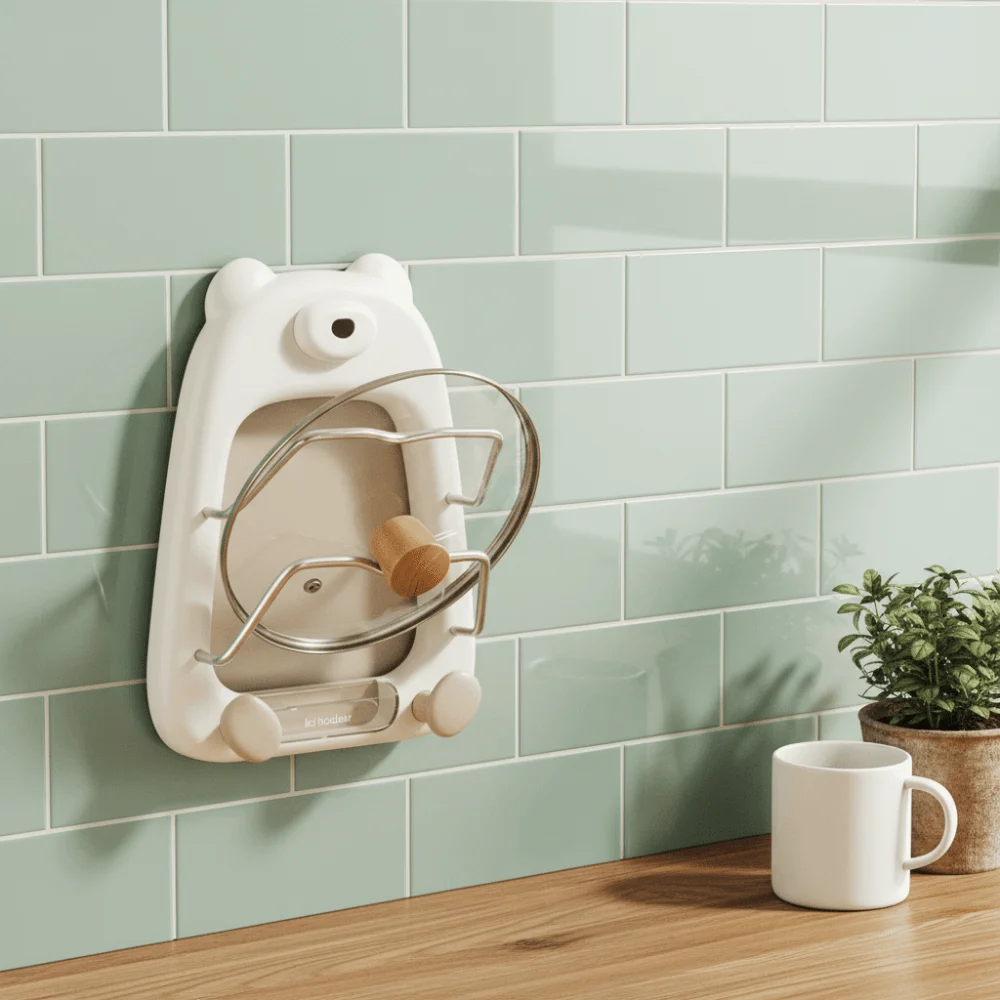 عملي 2-Tier وعاء الأغطية حامل شفط كأس الدب شكل المطبخ تخزين الرف جدار جبل دائم الخضار مجلس رف المطبخ