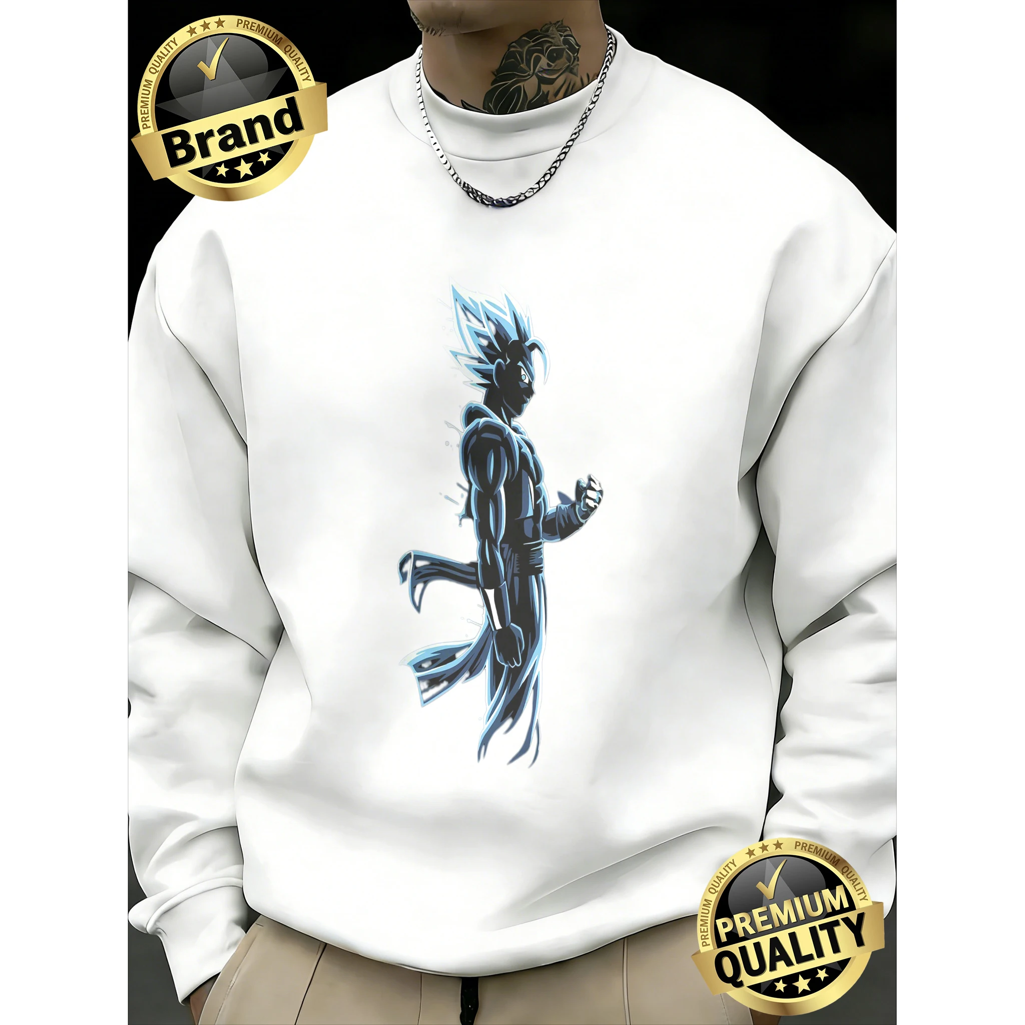 

2026 Fall Dragon Ball Goku Super Saiyan Blue Silhouette Print 100% Cotton Crewneck Sweatshirt Oversized Streetwear for Men Women