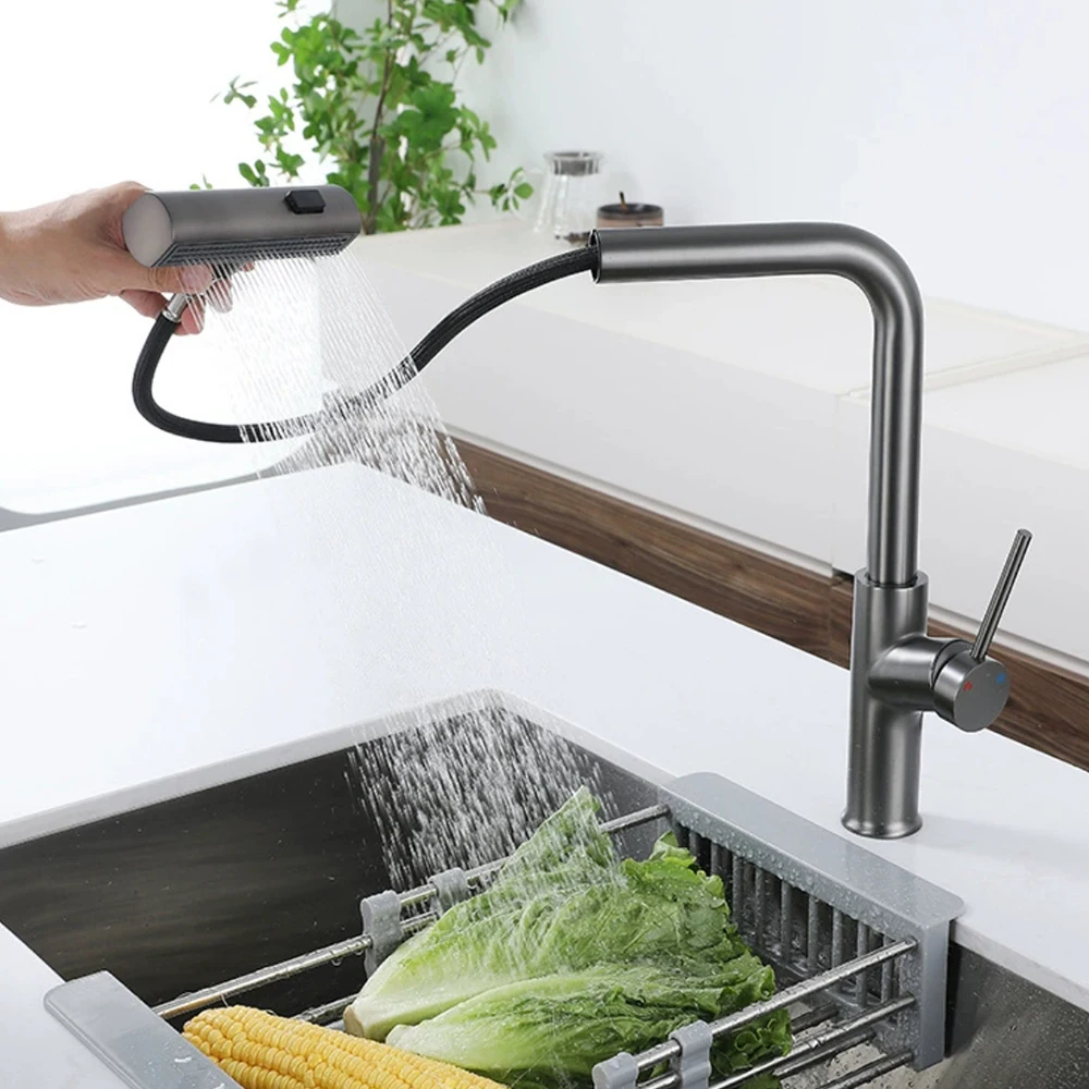 

Gun Grey Waterfall 304 Stainless Steel Sink Faucets ,Cold & Hot Three Model Water Out, 60 Cm Hose Pull Down, 360 Rotation