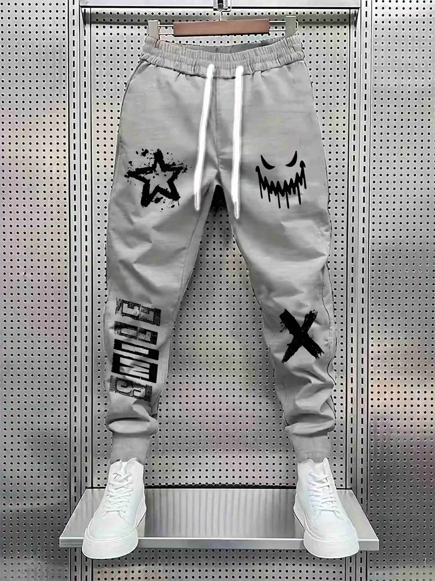 2026 Men Casual Sweatpants Multi‑Elements Graffiti Star Devil Face Cross Letter Print Loose Hip Hop Streetwear Gray Joggers kids