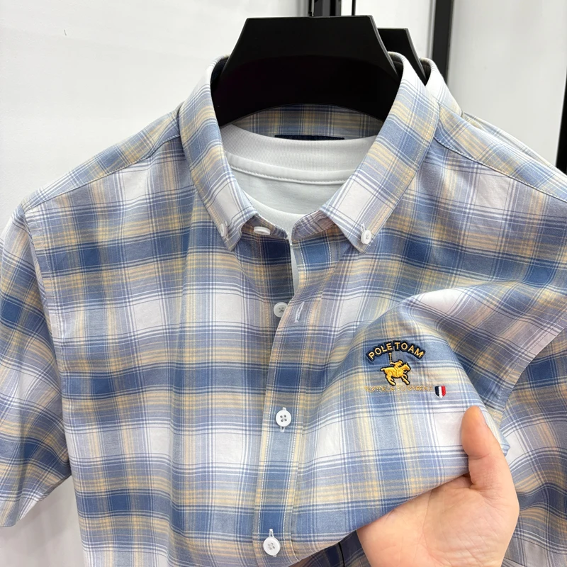 

100% Cotton Polo Embroidered Short-Sleeve Plaid Shirt for Men, Business Casual Loose Fit, Summer Hong Kong Style Thin Jacket