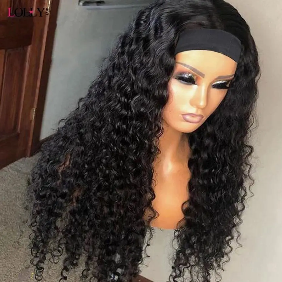 Headband Wigs Easy Go Indian Remy Hair Full Machine Wigs For Women Deep Wave Curly Wig Headband Wig Human Hair 200% For Women