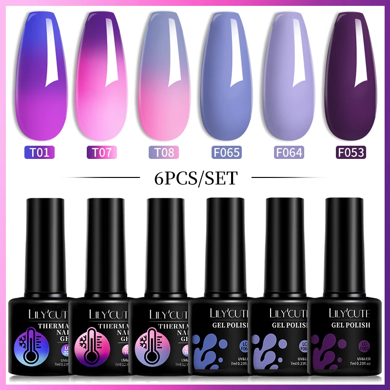 LILYCUTE Gel Térmico Conjunto de Esmalte, Mudança de Temperatura, Semi Permanente, Mergulhe Off Kit Nail Art, Inverno, 6pcs por conjunto