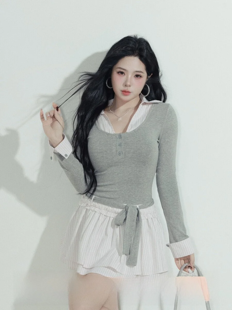 

Charming Grey Knitted Dress Collar Splicing Skirt for Women Casual Style Long Sleeve City Commuting Suitable Fashion