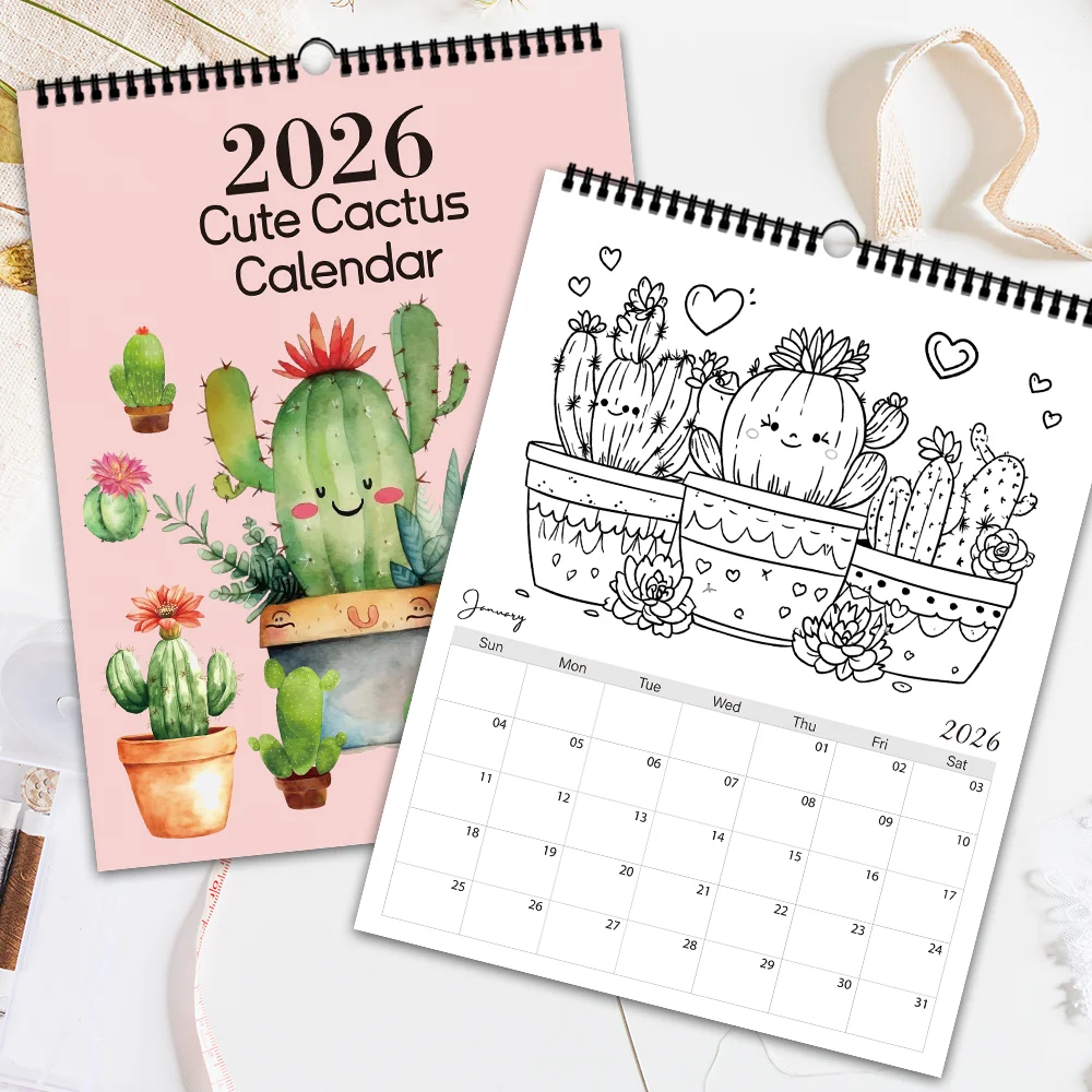 

1 шт. 2026 подвесной календарь, календарь-раскраска кактуса, 12 красивых дизайнов, ежемесячные планы, идеальный подарок на день рождения, Рождество