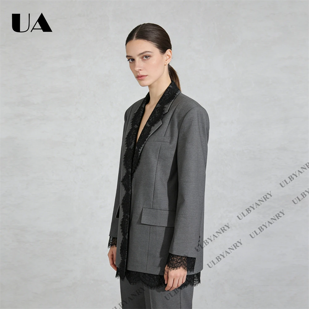 

Женский серый блейзер ULBYANRY с черной кружевной отделкой, элегантными лацканами, манжетами и подолом, однобортный, для офиса