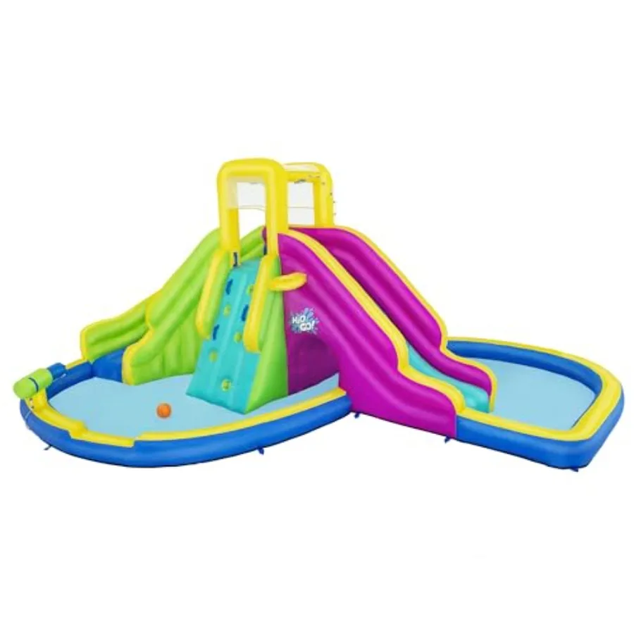 

Outdoor inflatable water park for kids featuring PVC material blue and yellow color scheme with integrated blower slides Climbing Wall, and Water Sprayers