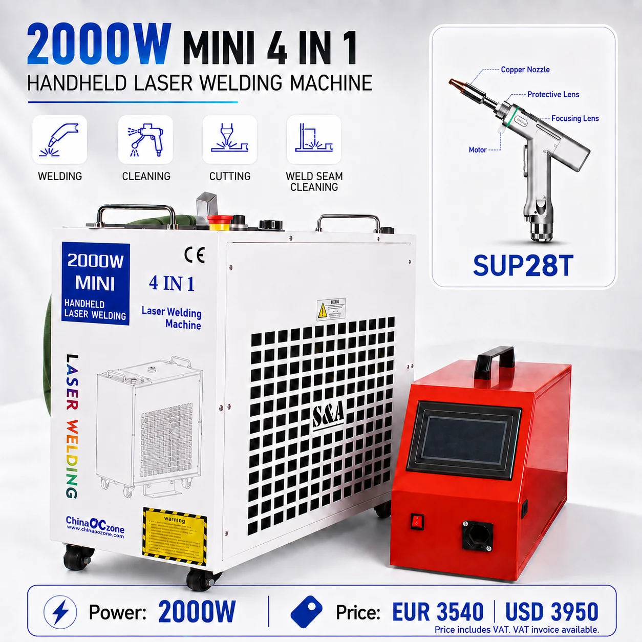KPL 4-IN-1 Laser Welding Machine with SUP28T welding torch head, capable of welding aluminum, stainless steel, and other metals. BWT laser source. Car rust cleaning and rust removal machine
