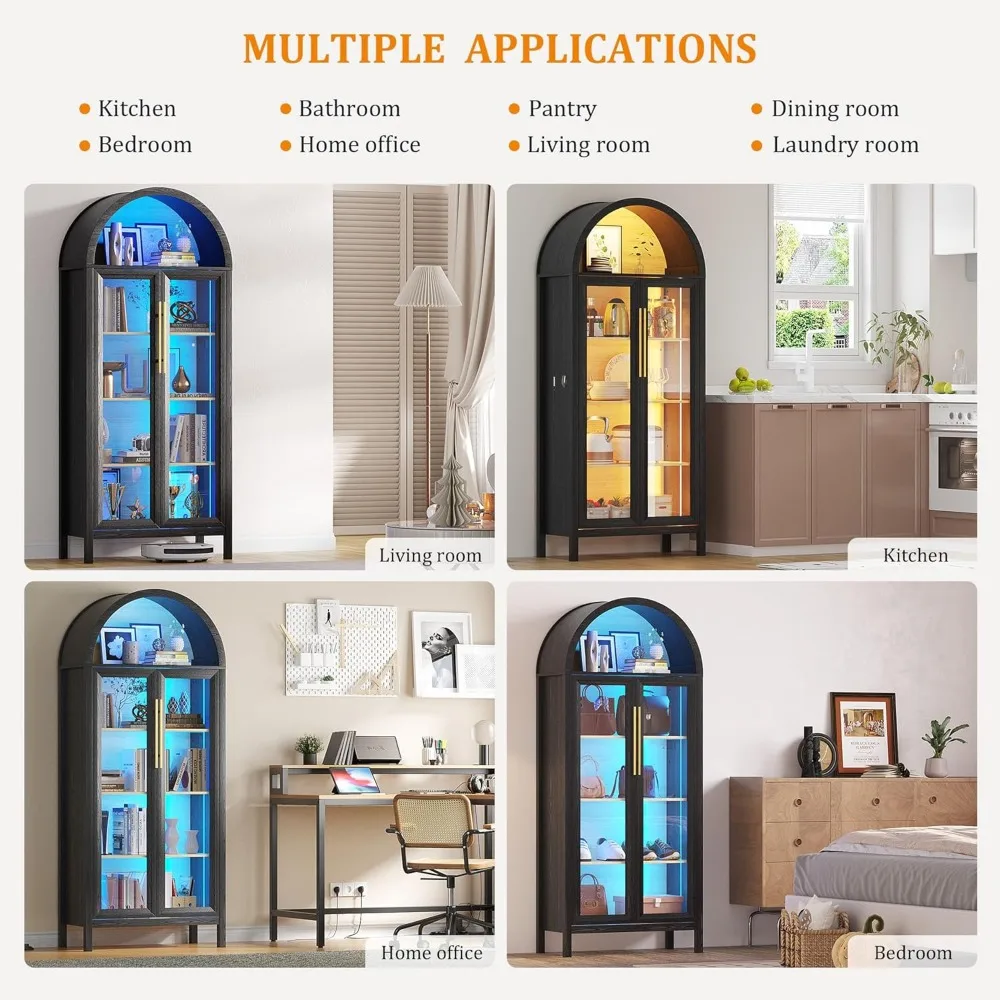 Arched Display Cabinet with Glass Doors, 68” Tall Bookcase 5-Tier Curio Storage Pantry Cabinet with 3 Color LED Lights for C