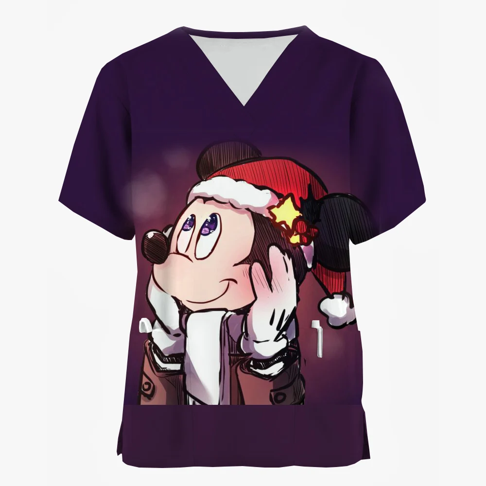 Kobiety Pielęgniarka Uniform T-Shirt Casual Disney Myszka Miki Minnie Wesołych Świąt Nadruk Krótki rękaw Wzorzysta bluzka robocza