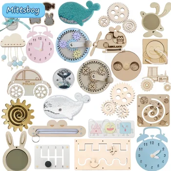Nieuwe Diy Montessori Drukke Board Houten Accessoires Versnelling Handwiel Wekker Dier Spiegel Educatief Speelgoed Voor Kinderen Geschenken