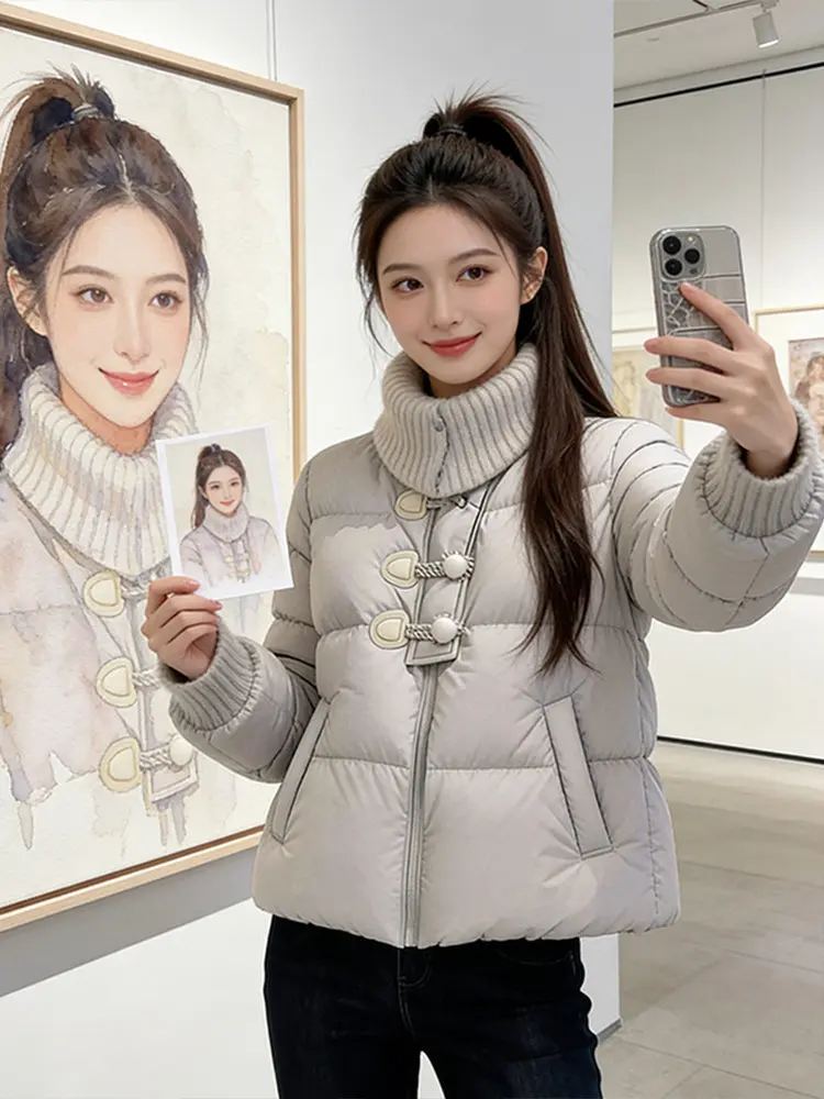 

Зимняя утепленная вязаная куртка-пуховик из хлопка в стиле пэчворк для женщин, маленький размер, теплая и уютная, в корейском стиле