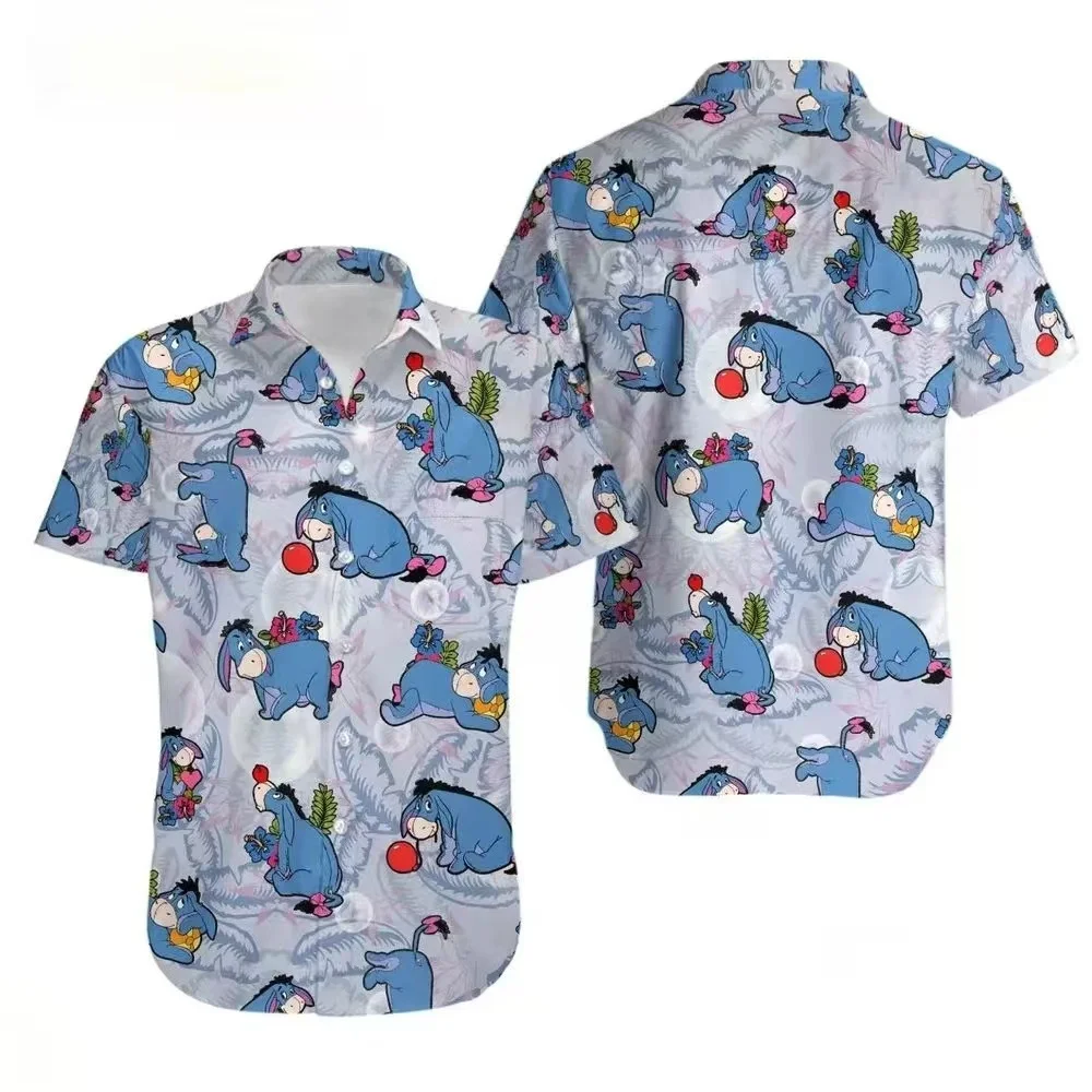 New Disney Hawaii 3d Printed Shirt New Men's and women's fashion Cute Eeyore Disney button Boy shirt Beach Kids parent-child clo