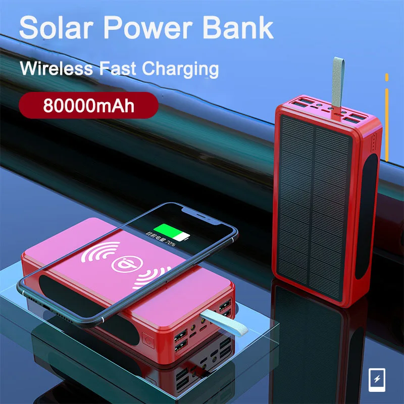 Solar Power Bank 80000mAh Wireless Charger for Xiaomi Powerbank 4 USB Portable Large Capacity External Battery Pack For iphone