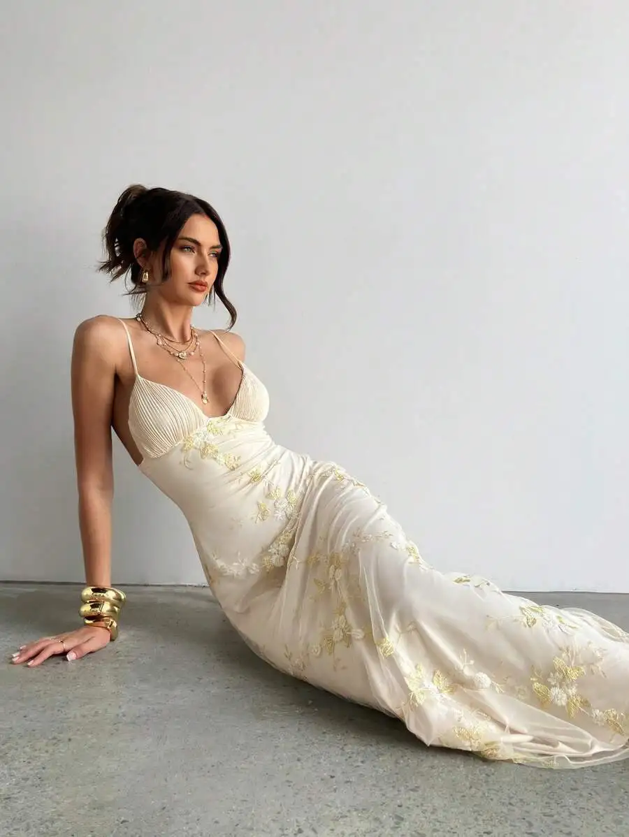 

Womens Elegant Deep V Ruched Bust Embroidered Maxi Dress For Wedding Guest Honeymoon Summer Vacation