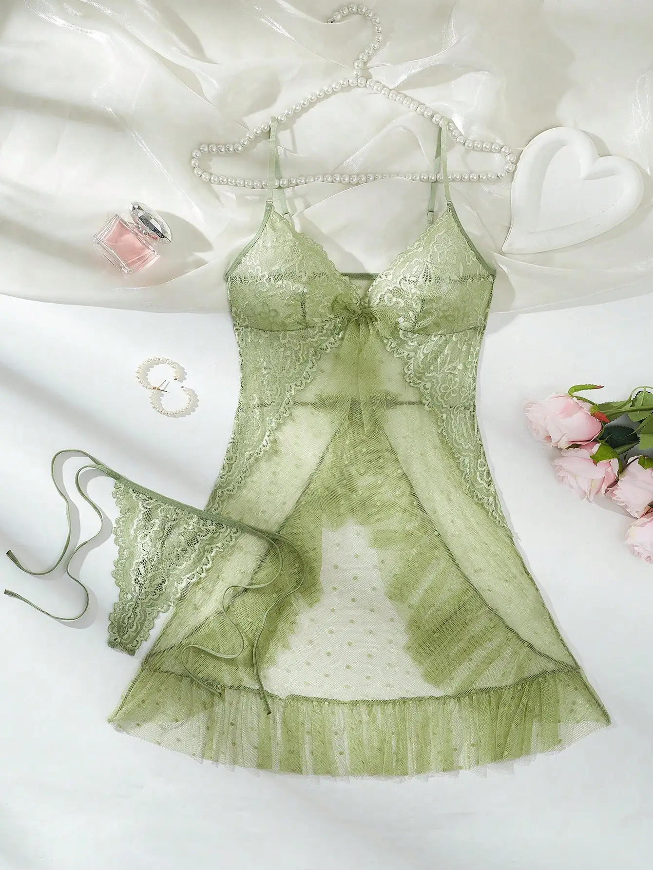 

Mint Green Lace Mesh Babydoll Nightdress with G-String Set