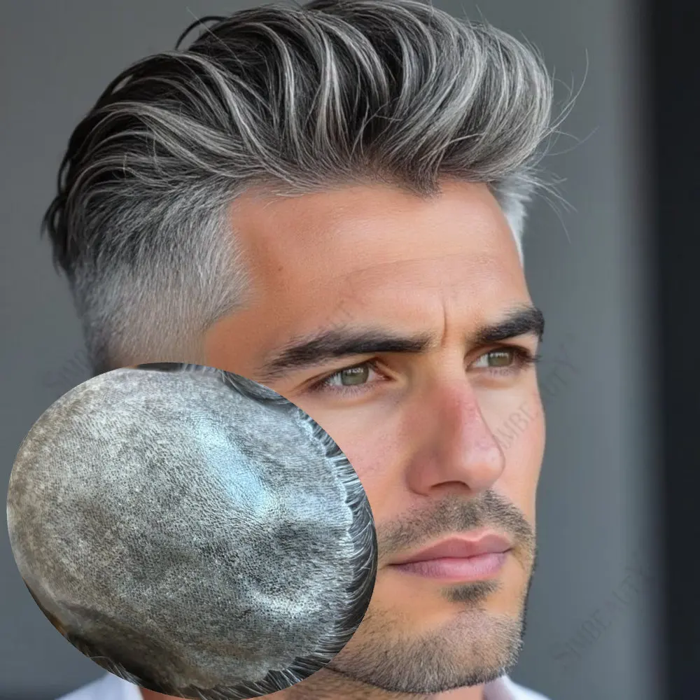 

1b40 1B80 Grey Black Super Durable Natural Hairline Old Men Toupee Thin Male Wigs Human Hair Microskin Men's Capillary Prosthesi