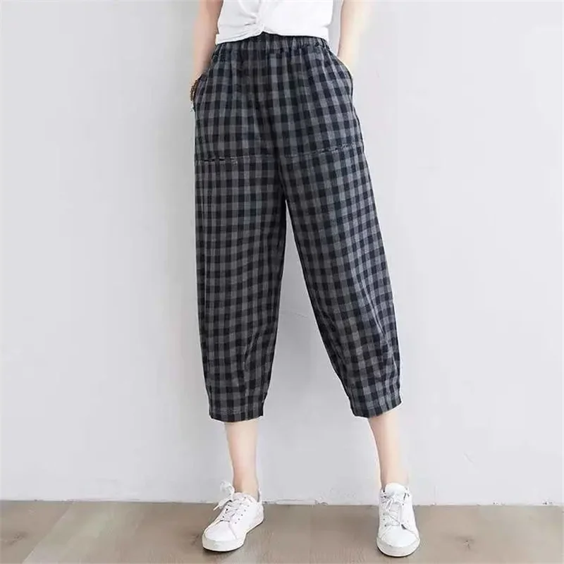 plus Size Cotton Plaid Casual Pants Summer Artistic Vintage Loose Slimming Harlan Seven-Foot Women's Trousers Cleanfit Style