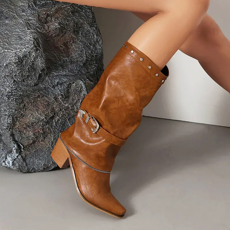 Girseaby2025 النساء تنورة منتصف العجل الأحذية ساحة تو 6 سنتيمتر كتلة الكعوب سحب على حجم كبير 48 49 50 US16 أحمر أصفر بني