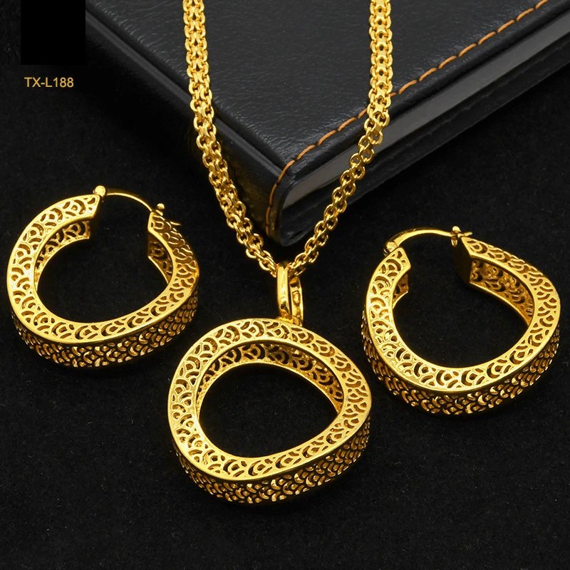 

Dubai Jewelry Sets Gold Plated 24K Jewellery for Women Africa India Bridal Wedding Jewelry Necklace Earrings 2pcs Set Wholesale