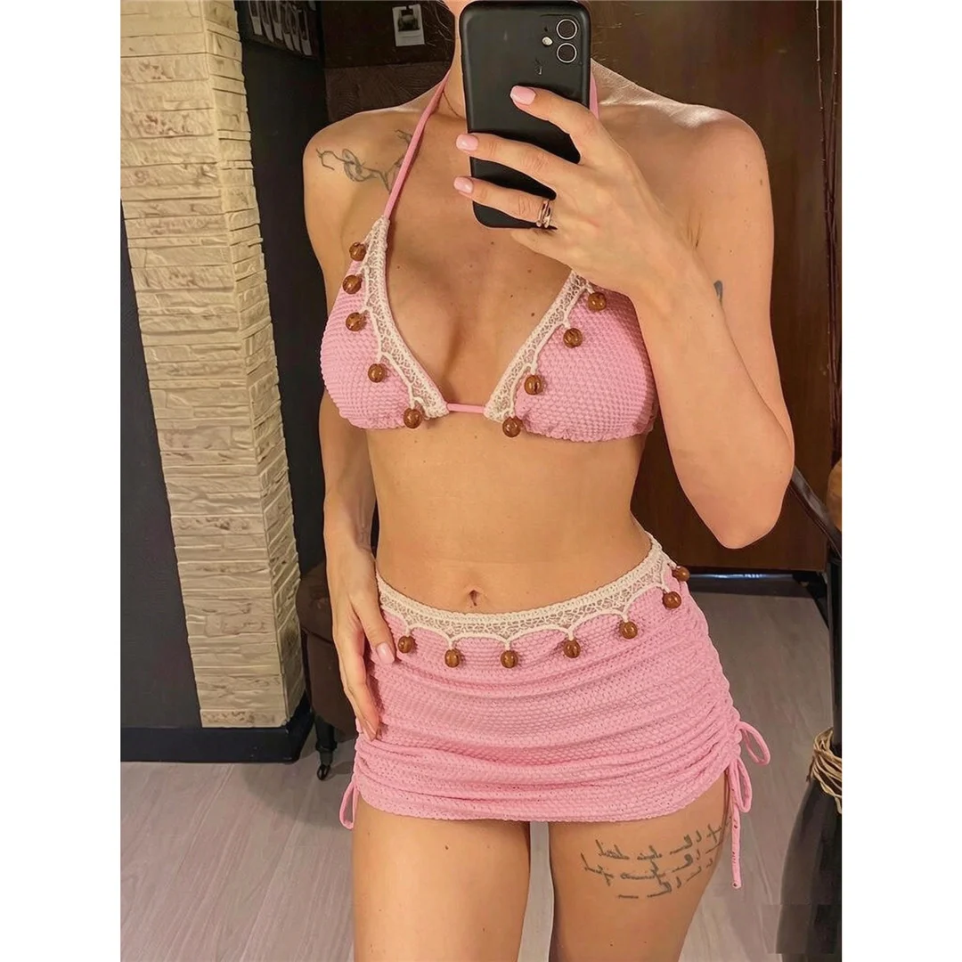 Mit Rock-Splicing-Design, Neckholder-Bikini, Damen-Badeanzug, dreiteiliges Bikini-Set, gepolsterter Badeanzug, Badebekleidung, Schwimmanzug V8508 – Detail 3