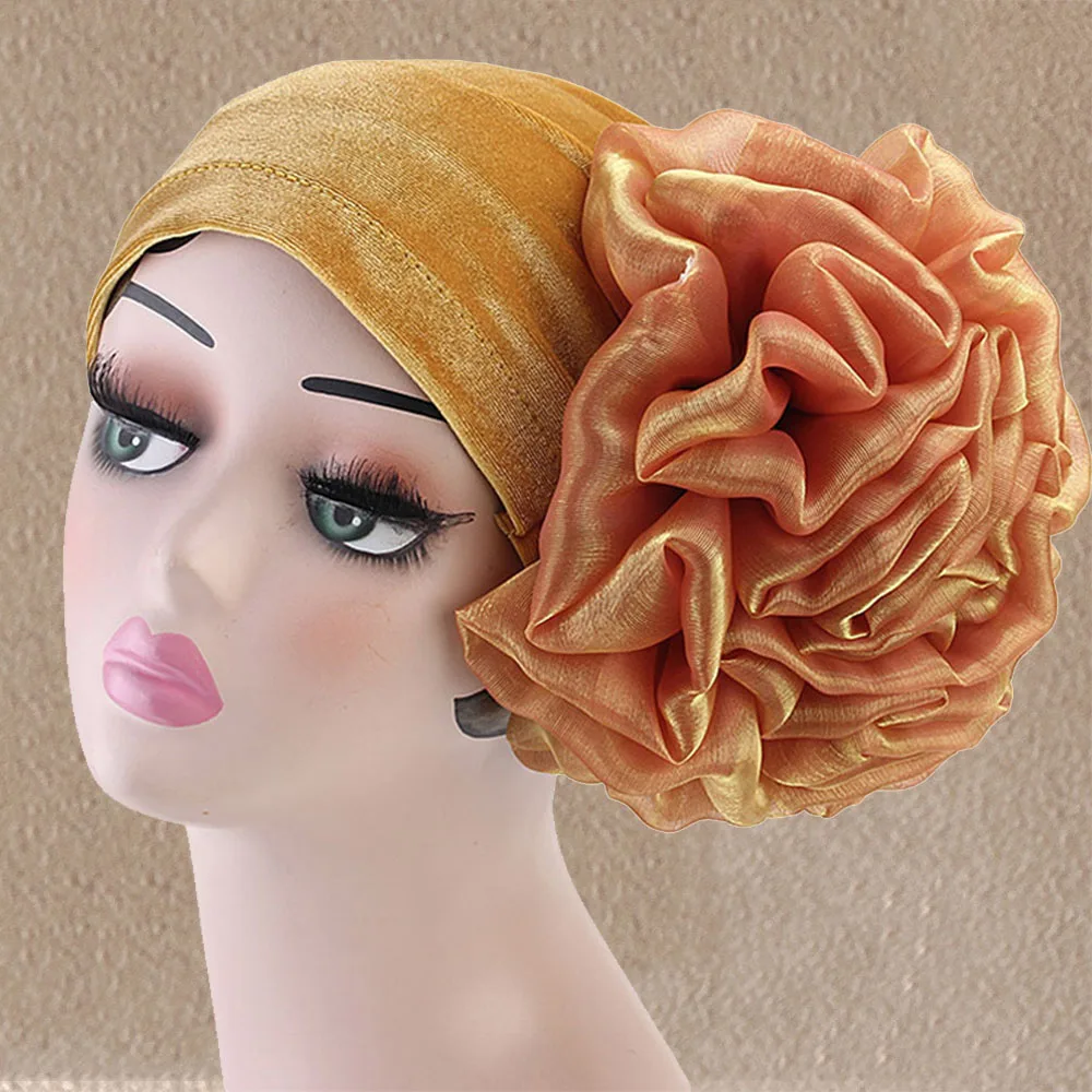 Fashion Female Muslim Hats Outdoor Sun Protection African Turban Big Flower Gold Velvet Chemo Turbans Elastic Muslim Hijabs