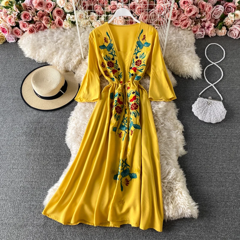 LY VAREY LIN 2022 New Spring Summer Women V-neck Embroidery Midi Dresses Casual Flare Sleeve Bohemian Female Dresses