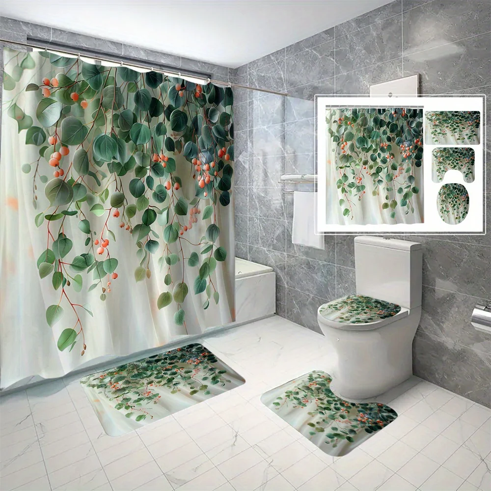 

Набор из 4 водонепроницаемых занавесок для душа из полиэстера с зелеными листьями и цветами, можно стирать в машине