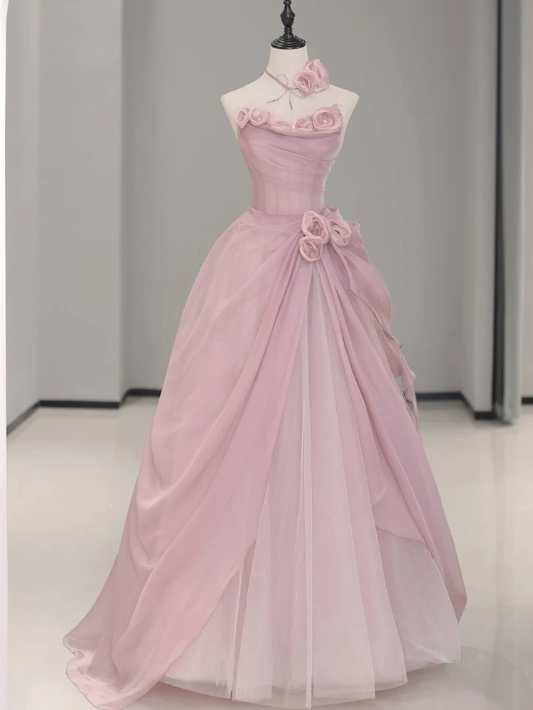 

Новое роскошное вечернее платье для взрослых в корейском стиле, без бретелек, для свадебной церемонии, для тостов, для невесты, цвет розовый.