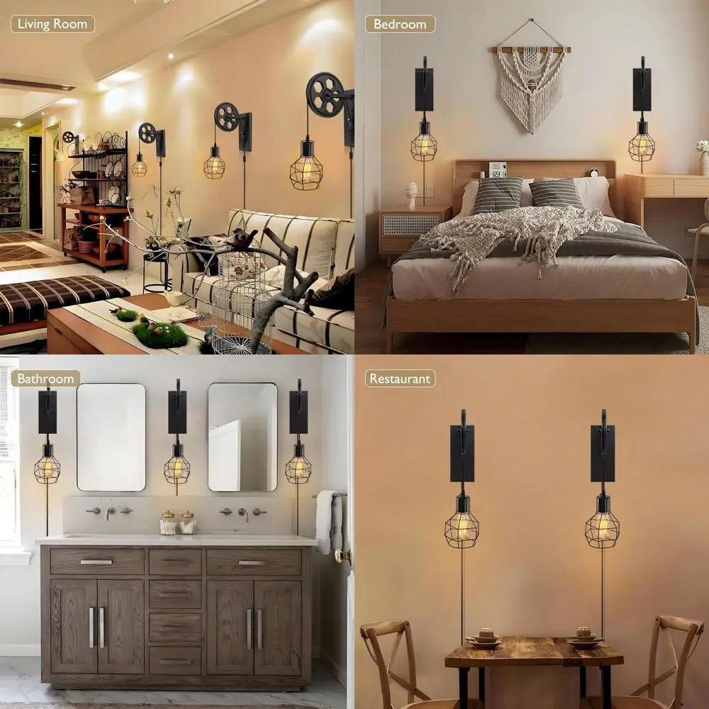 

Pair of Vintage-Style Wall Sconces: Rustic Black Cage & Wooden Pulley, Dimmable for Home & Restaurant