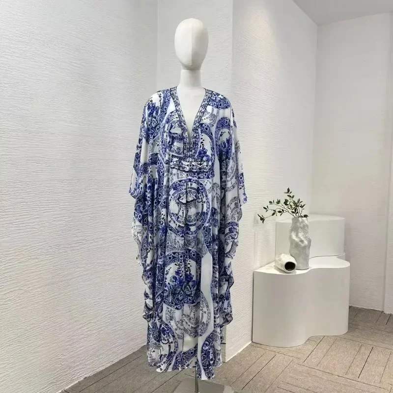 Vintage Silk Midi Dress for Lady Blue White Porcelain Print Long Sleeve Diamonds Pressed V-Neck Loose Fashion Collection 2024