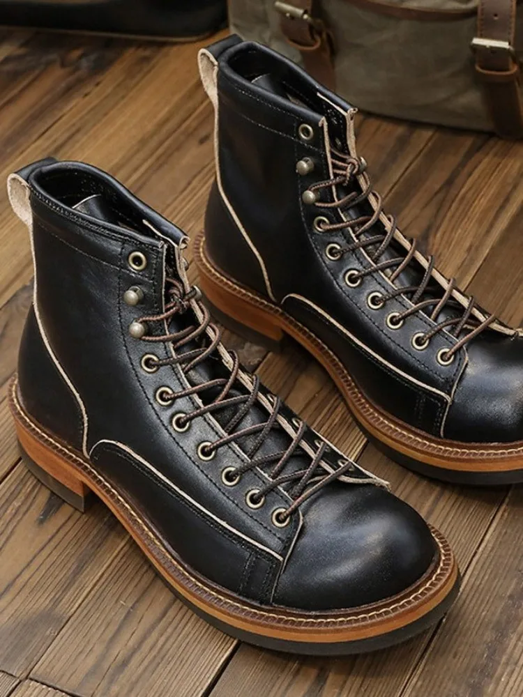 British Style Mens Work Cargo Ankle Boots Lace Up Genuine Leather Motorcycle High Top Shoes Round Toe Vintage Short Boots Male