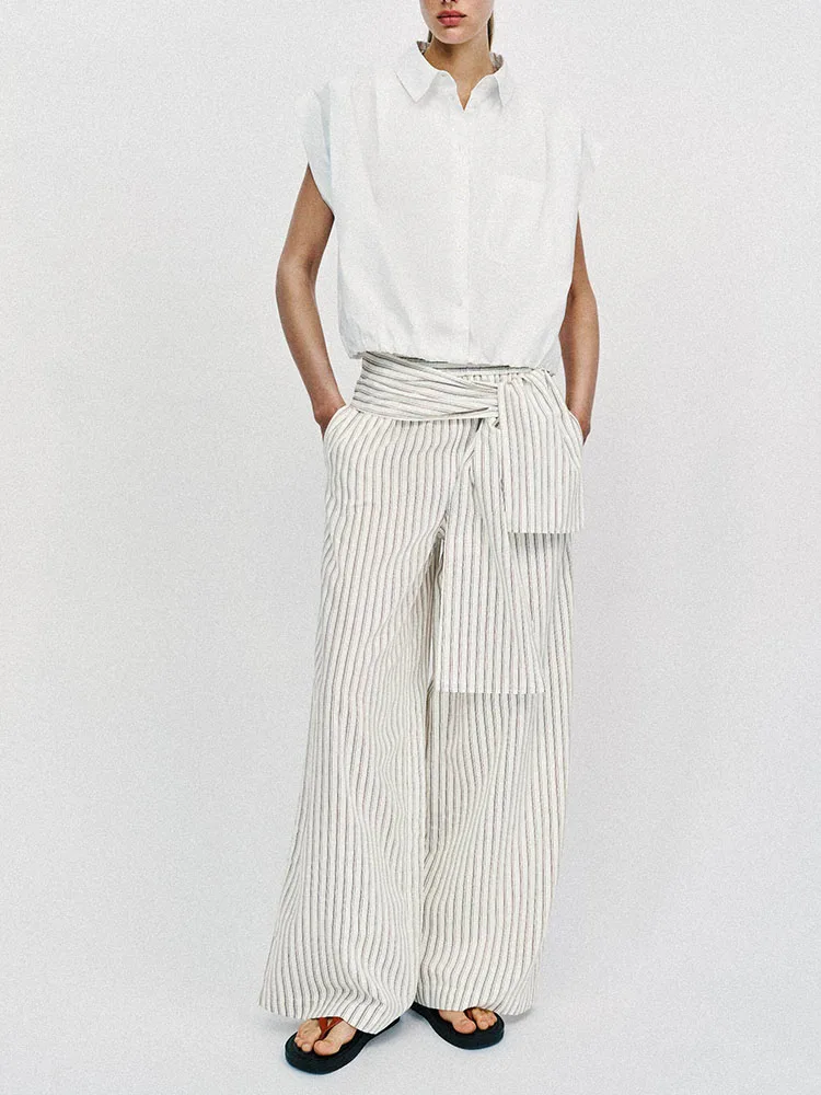 

Spring 2026 Women's High Waist Casual Striped Scarf Wide Leg Pants New Arrival Elegant Trousers Loose Fit Straight Leg Long P...
