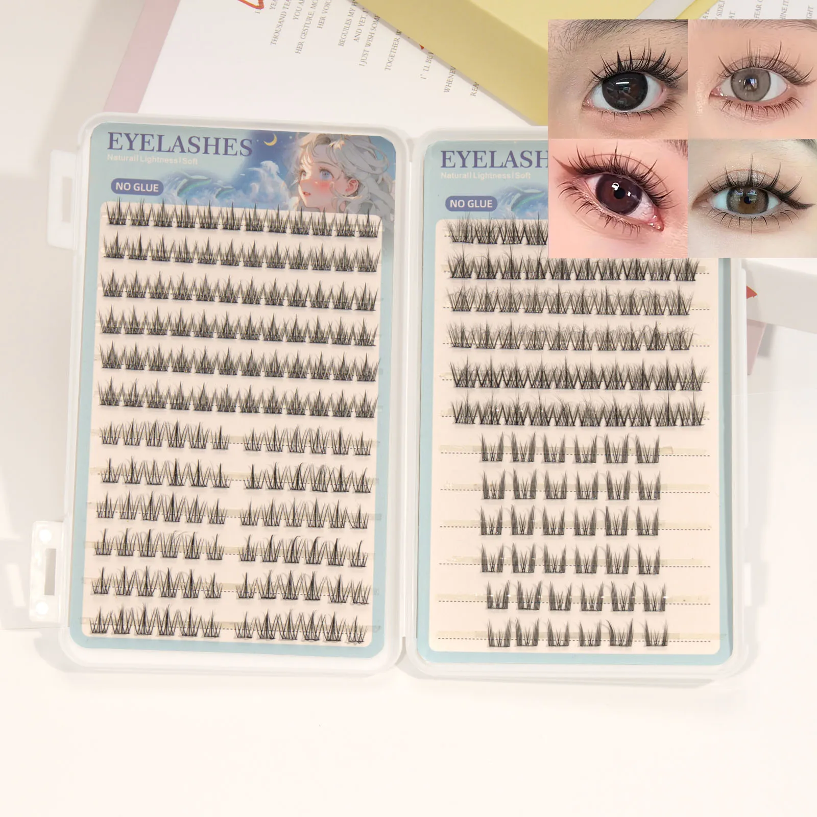 1 Box of 4 Self-Adhesive False Eyelashes - Mixed Length C Curly Eyelashes, Containing sunflower, Trilogy, and Camellia False Eye