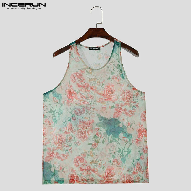 INCERUN Tops 2024 Korean Style Mens Sexy Perspective Pink Printed Design Vests Casual Summer Hot Sale Sleeveless Tank Tops S-5XL