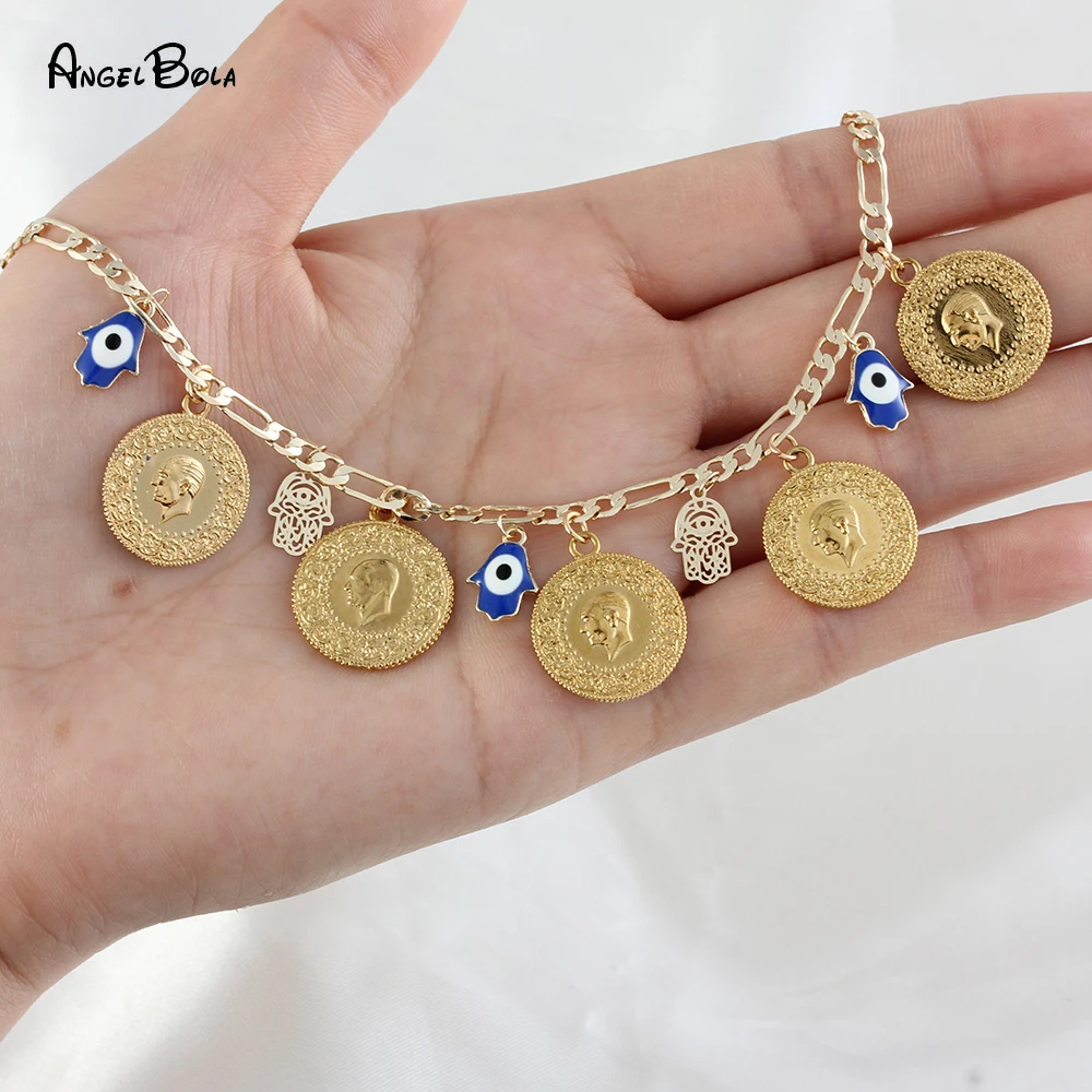 

Evil Eye Bracelet Jewelry Lucky Blue Shiny Portrait Coin Chain Bracelets Fashion Luxury Muslim Islam Allah Accessories Wholesale