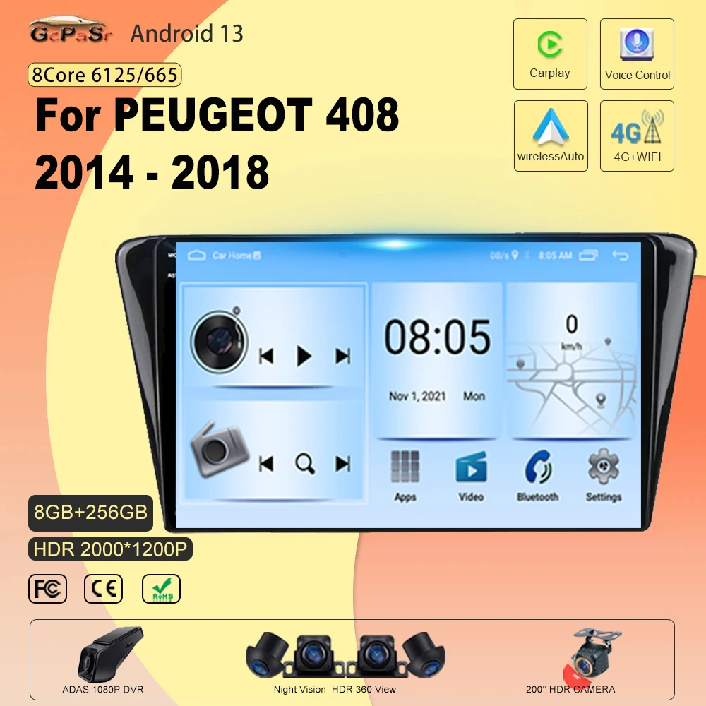

Автомобильный радиоплеер на Android для PEUGEOT 408 2014-2018, умная система, 8-ядерный, стандартный стандарт, Wi-Fi, BT, без 2din, DVD, стерео, мультимедийный плеер с GPS