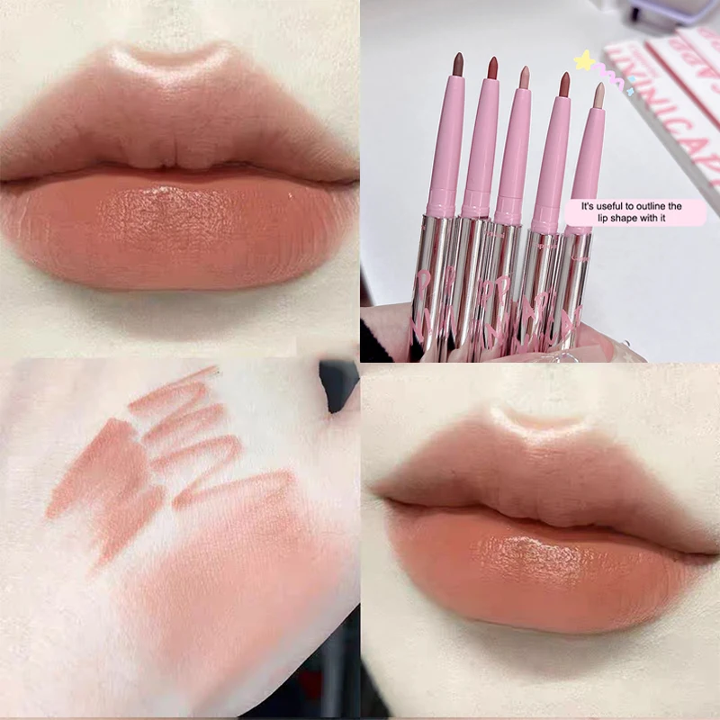 1PCS Double-headed Nude Matte Lip Liner With Fluffy Lip Brush Lip Makeup Long Last Velvet Matte Mist Lipstick
